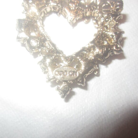 VTG BEAUTIFUL HEART SHAPED BROOCH, RED & CLEAR RHINESTONES SIGNED OPC CN - Picture 3 of 3